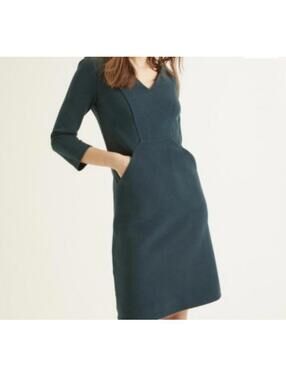 Boden Bronte Ottoman Textured Midi Sheath Dress V-neck 3/4 Sleeve Green Size 6 L